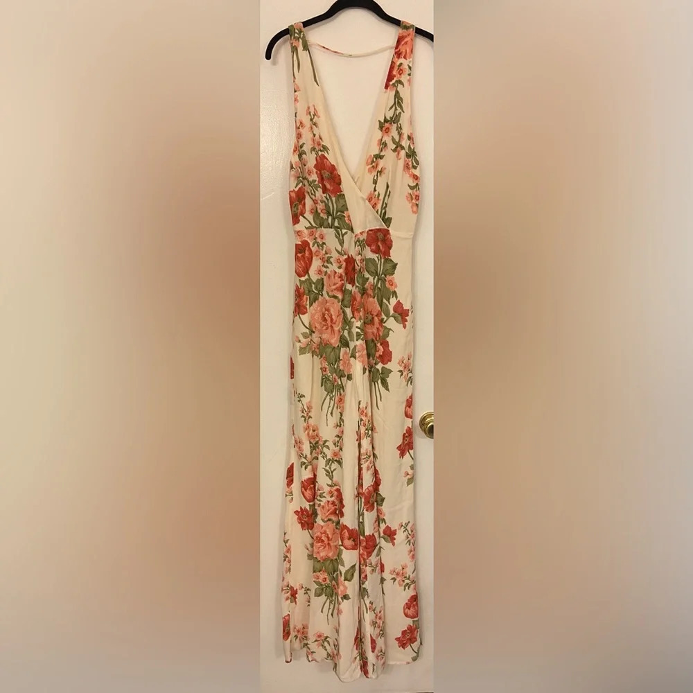 Reformation Cream Floral Wrap Jumpsuit with Red & Green Bouquet Print